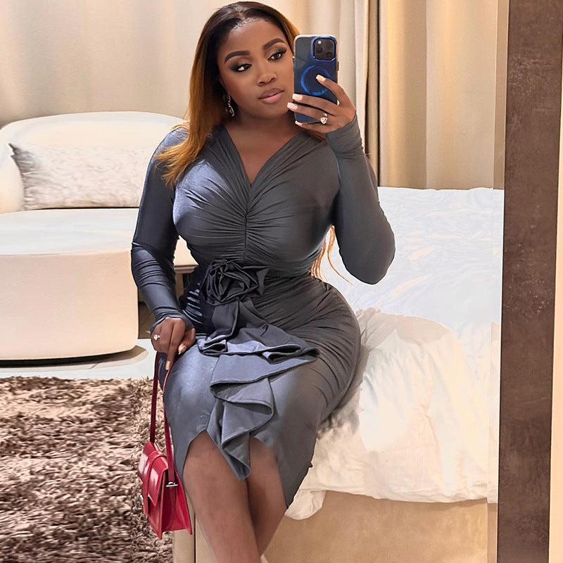 V neck Tight Dress Long Sleeve Mid Length Irregular Asymmetric Hip Wrapped Dress Three Dimensional Ornamental Floral Pullover Bella Mia